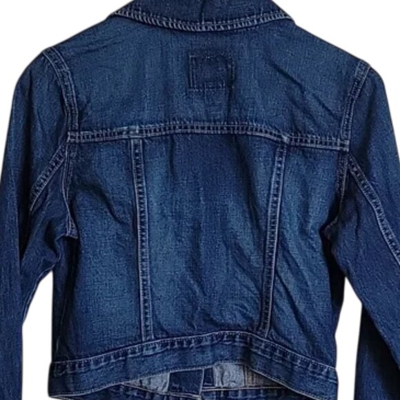 Old Navy Denim Jacket Women’s Medium Dark Indigo Cropped Button Up No Pockets - Picture 2 of 6